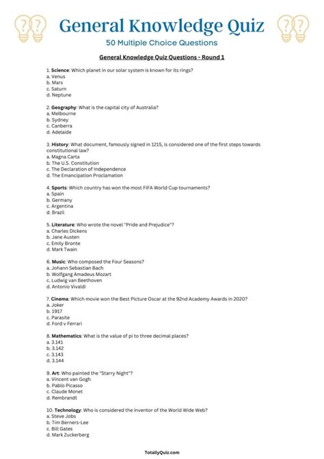 50 general knowledge quiz questions.